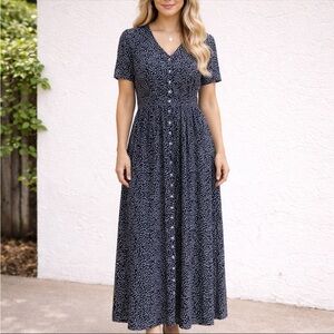 Navy Blue Womens Polka Dot Dress maxi button front XL stretch smocked waist